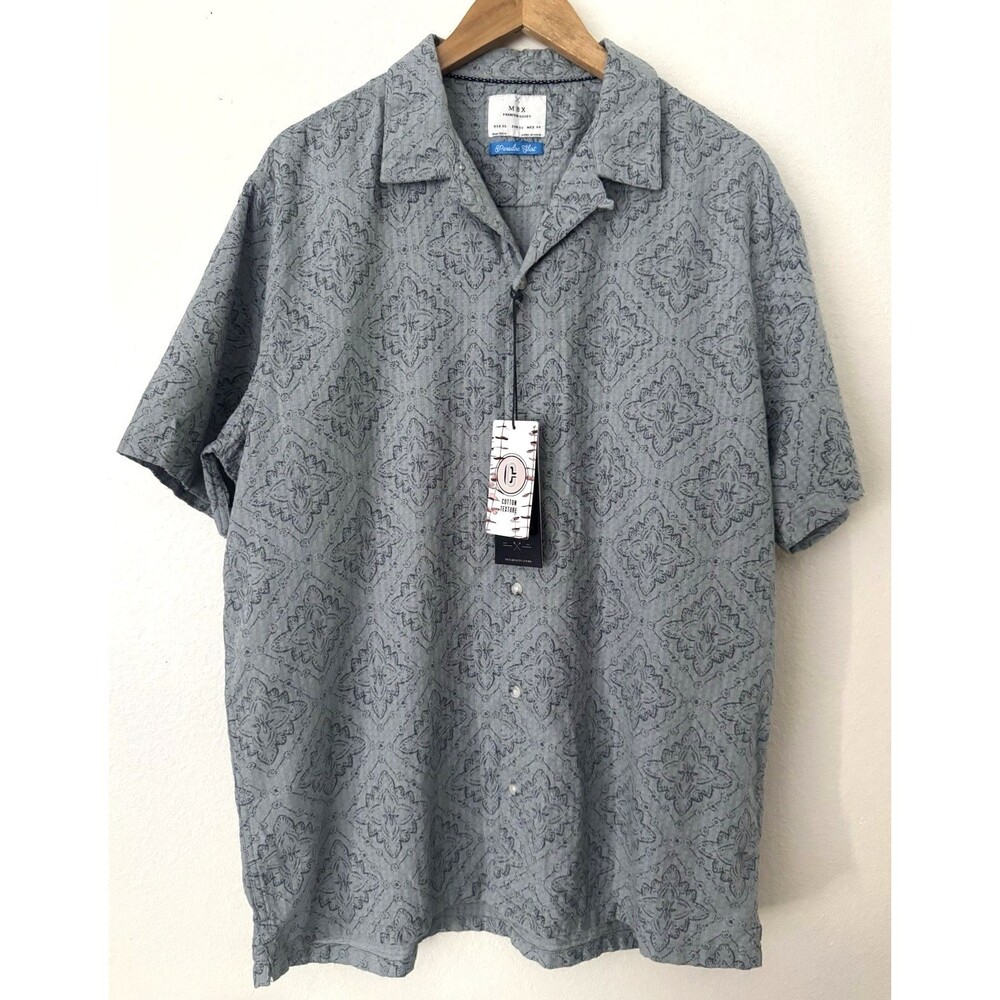NWT Gray Textured Cotton Camp Shirt Medallion Print Mens XL MBX Paradise Shirt
